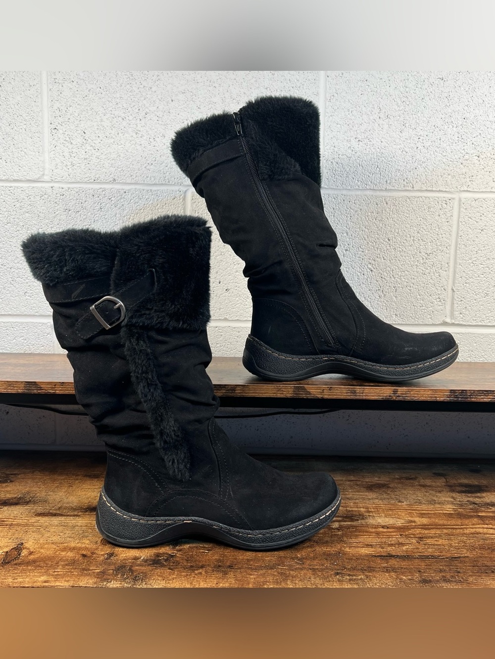 Faux Leather Boots Faux Fur Black Tall Zip Winter Casual Wear Ever Barbara 8